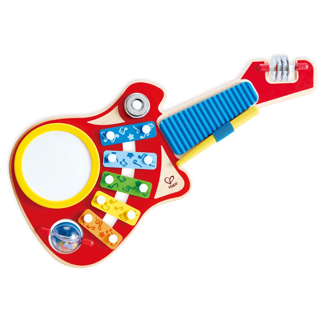 Hape: 6-In-1 Music Maker - Rainbow Colors, Wooden Guitar Shaped Musical Toy, 6 Instrument To Play, 19.2 x 18.9 x 8.7", Toddler & Kids Ages 18mo+